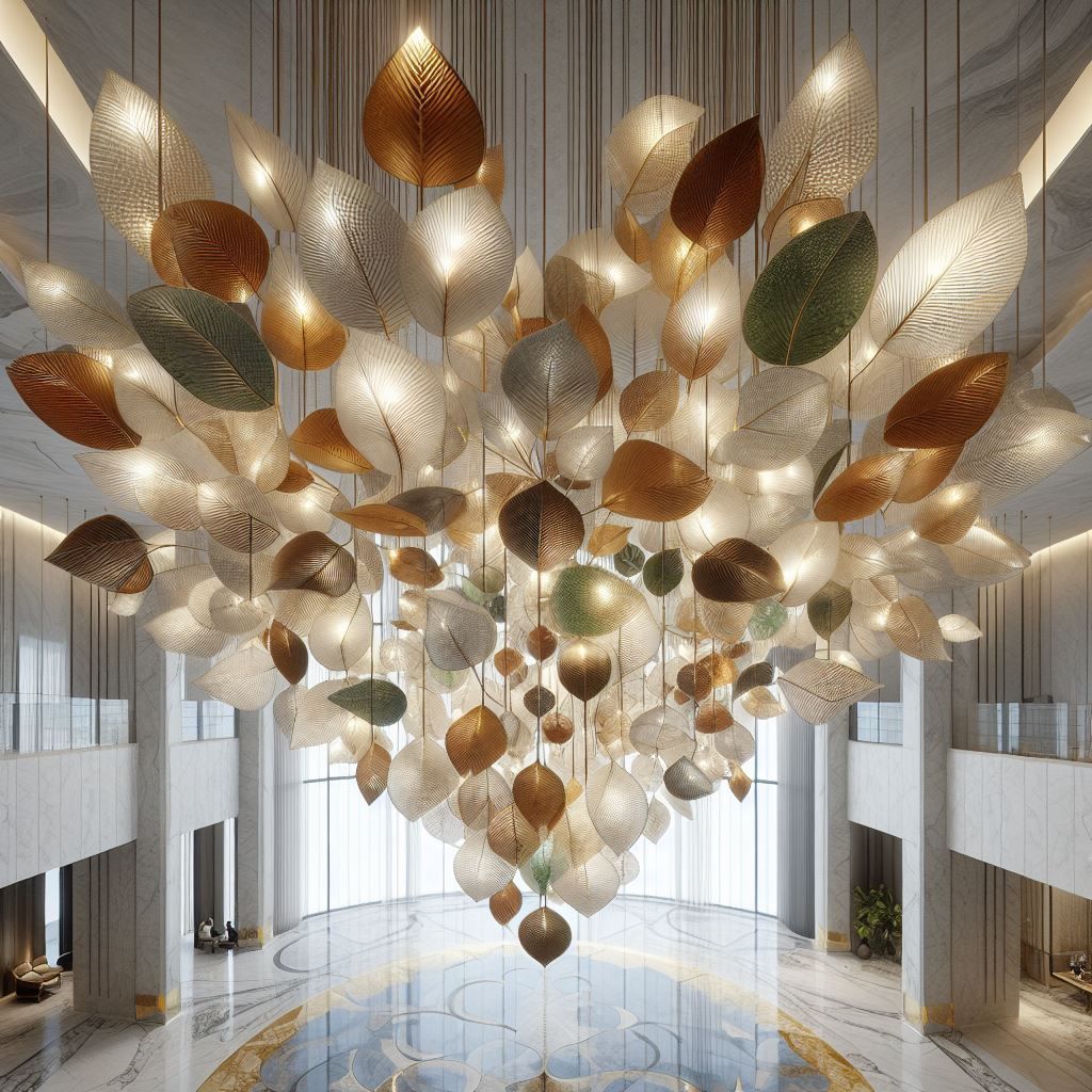 Großer blattförmiger Kronleuchter in einem modernen Foyer mit Marmorboden und Tageslicht. Verschiedene Farben, warmes Licht.