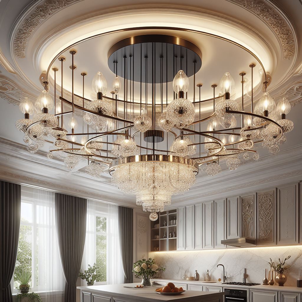 Kunstvolle Küche mit großem Kristallkronleuchter, Fenstern und grauen Schränken.