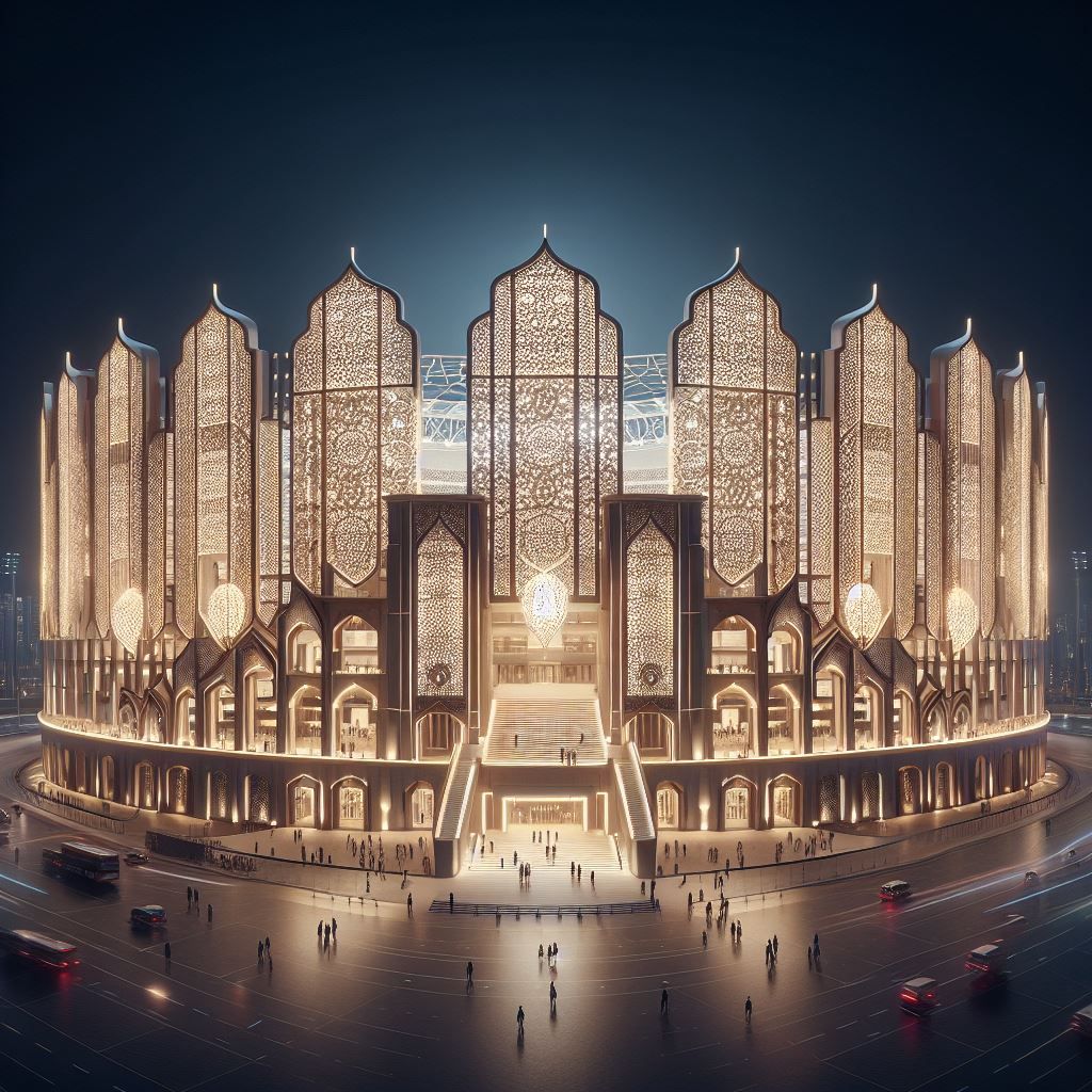 Nachtansicht eines goldbeleuchteten, kunstvollen Rundgebäudes. Menschen gehen mit Fahrzeugen auf einem Platz. Dunkler Hintergrund.