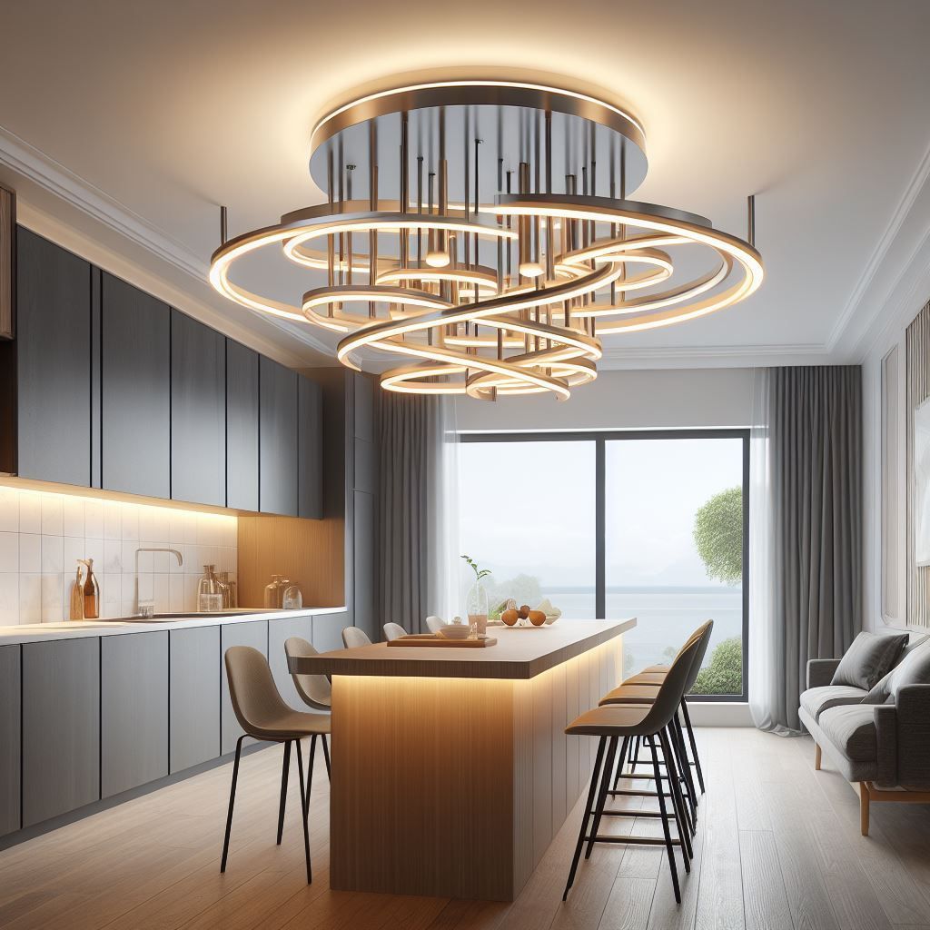 Moderne Küche mit Kochinsel und großem Kronleuchter mit Blick auf das neblige Wasser.