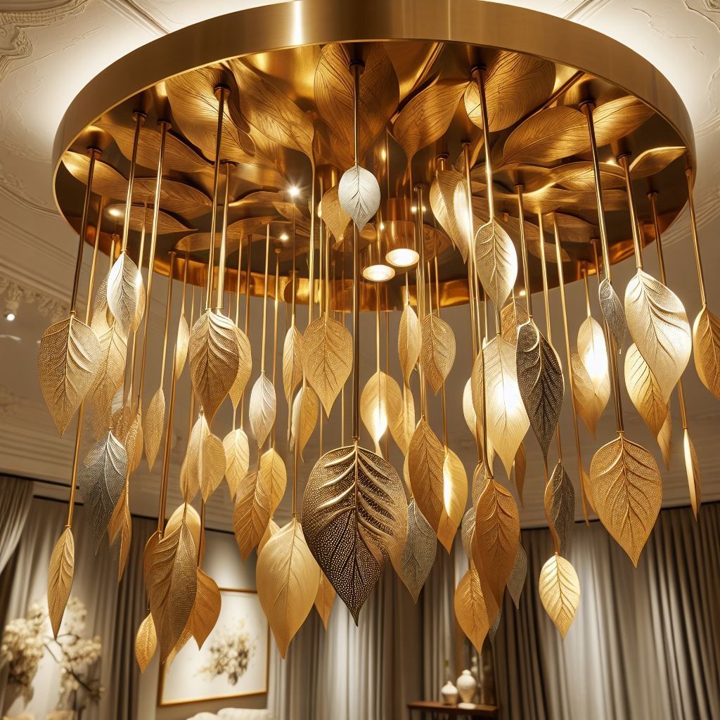 Von der Decke hängender Kronleuchter aus Blattgold mit dekorativen Blättern in einem gut beleuchteten Raum.