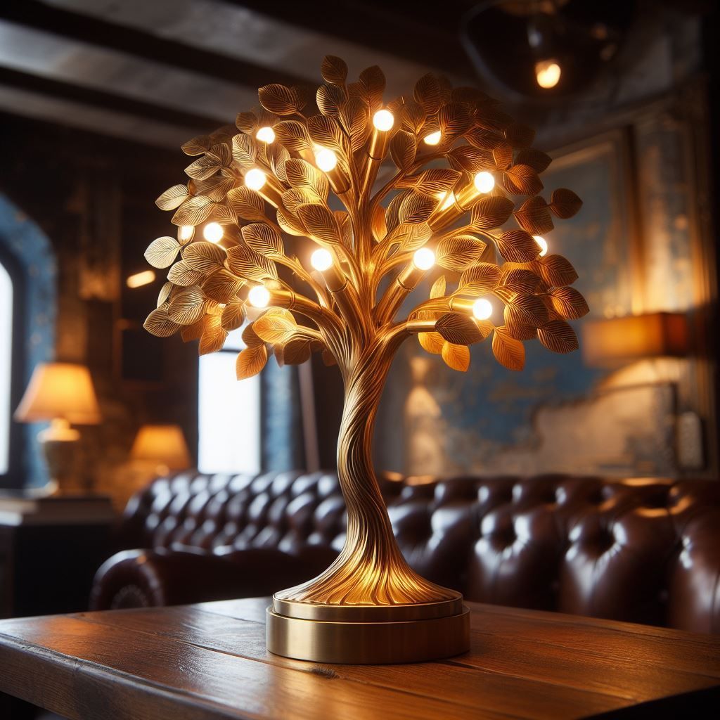 Goldene baumförmige Lampe mit leuchtenden Lichtern auf einem Holztisch in einem schwach beleuchteten Raum mit Ledermöbeln.