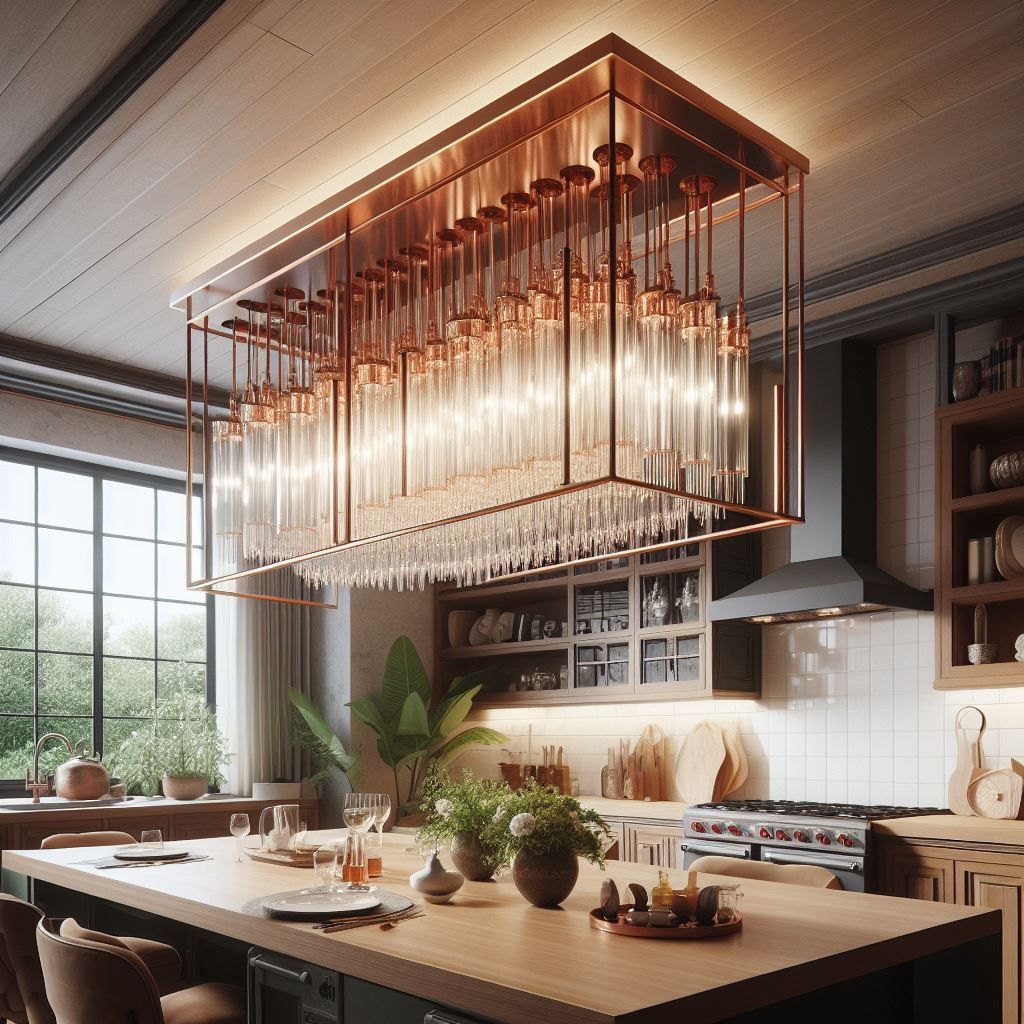 Kupferleuchter über einer Kücheninsel mit einem für eine Mahlzeit gedeckten Esstisch.