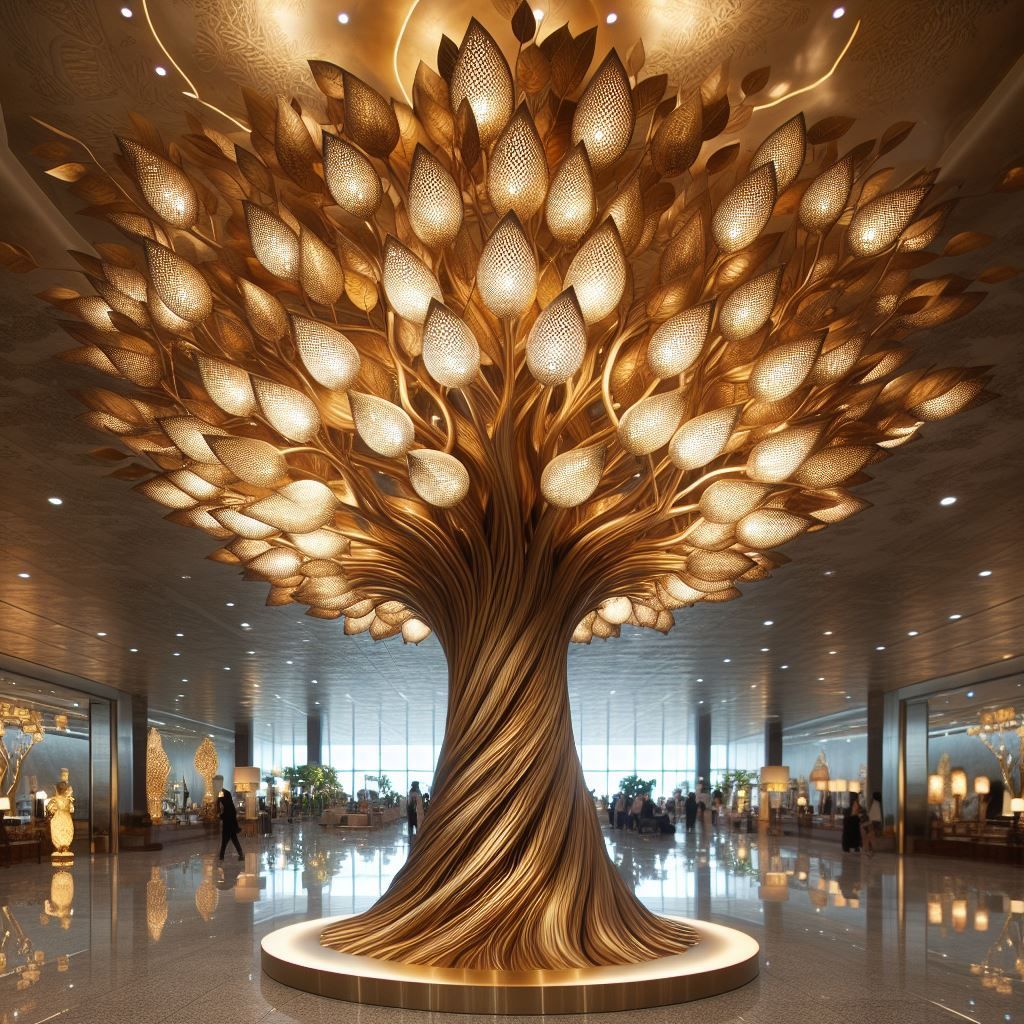 Goldene, beleuchtete Baumskulptur in einem geräumigen, modernen Flughafenterminal.