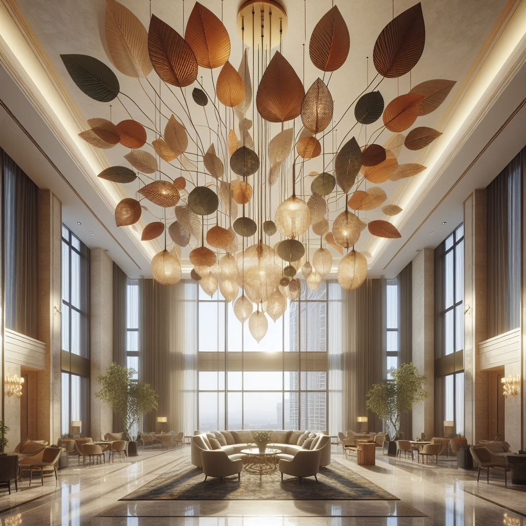 Eine große Hotellobby mit einem großen, kunstvollen Kronleuchter. Vom Boden bis zur Decke reichende Fenster, Sitzbereiche und Bäume.