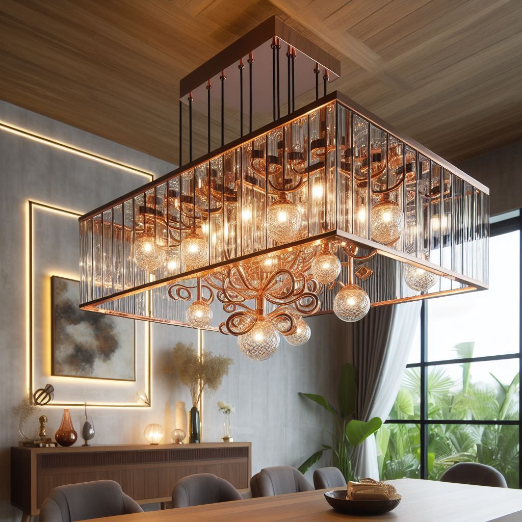 Rechteckiger Kronleuchter mit Glas- und Bronzedetails hängt über einem Esstisch. Raum in neutralen Tönen.