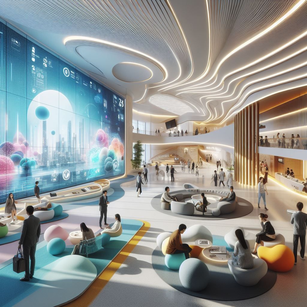 Futuristische Lobby mit Menschen, großer Leinwand mit Stadtdarstellung, gewölbte Decke mit Lichtern.
