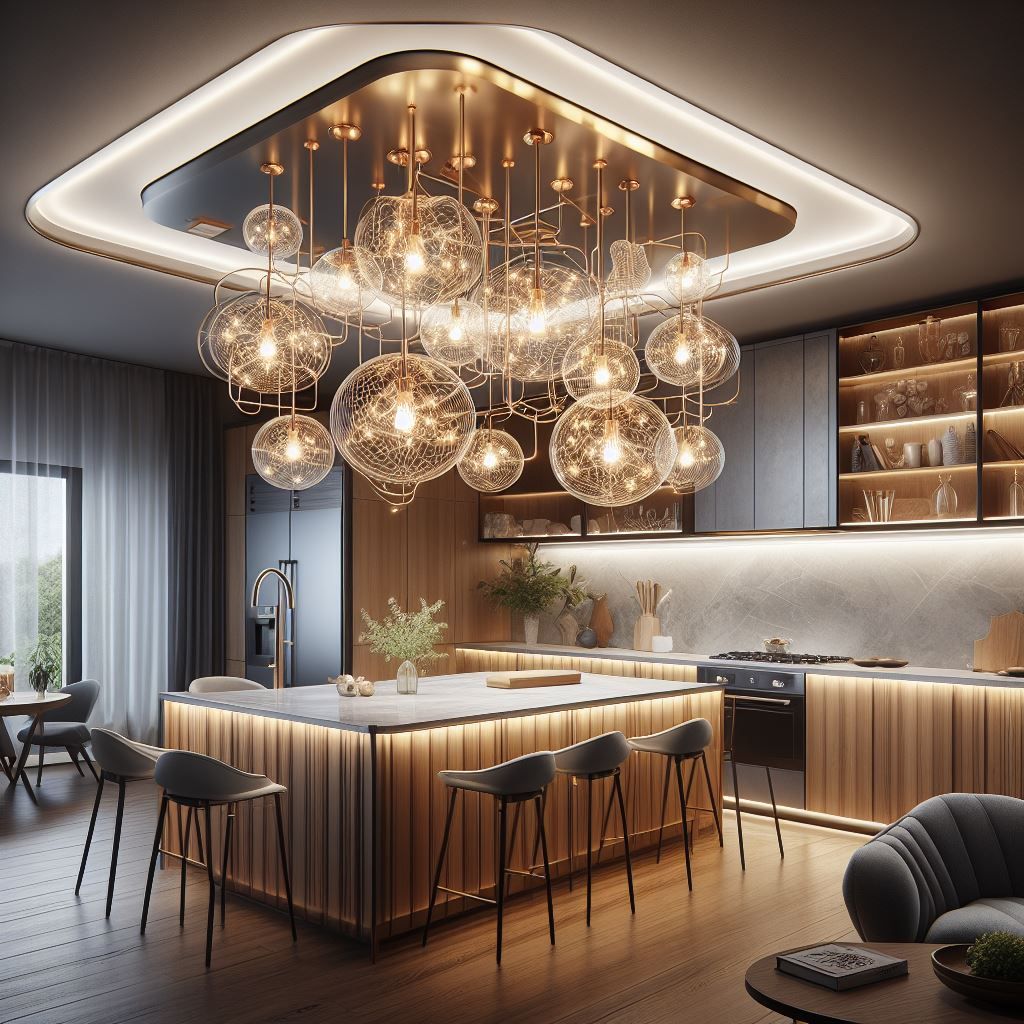 Moderne Küche mit großem Kronleuchter, Kochinsel mit Hockern und Schränken in einem gut beleuchteten Raum.