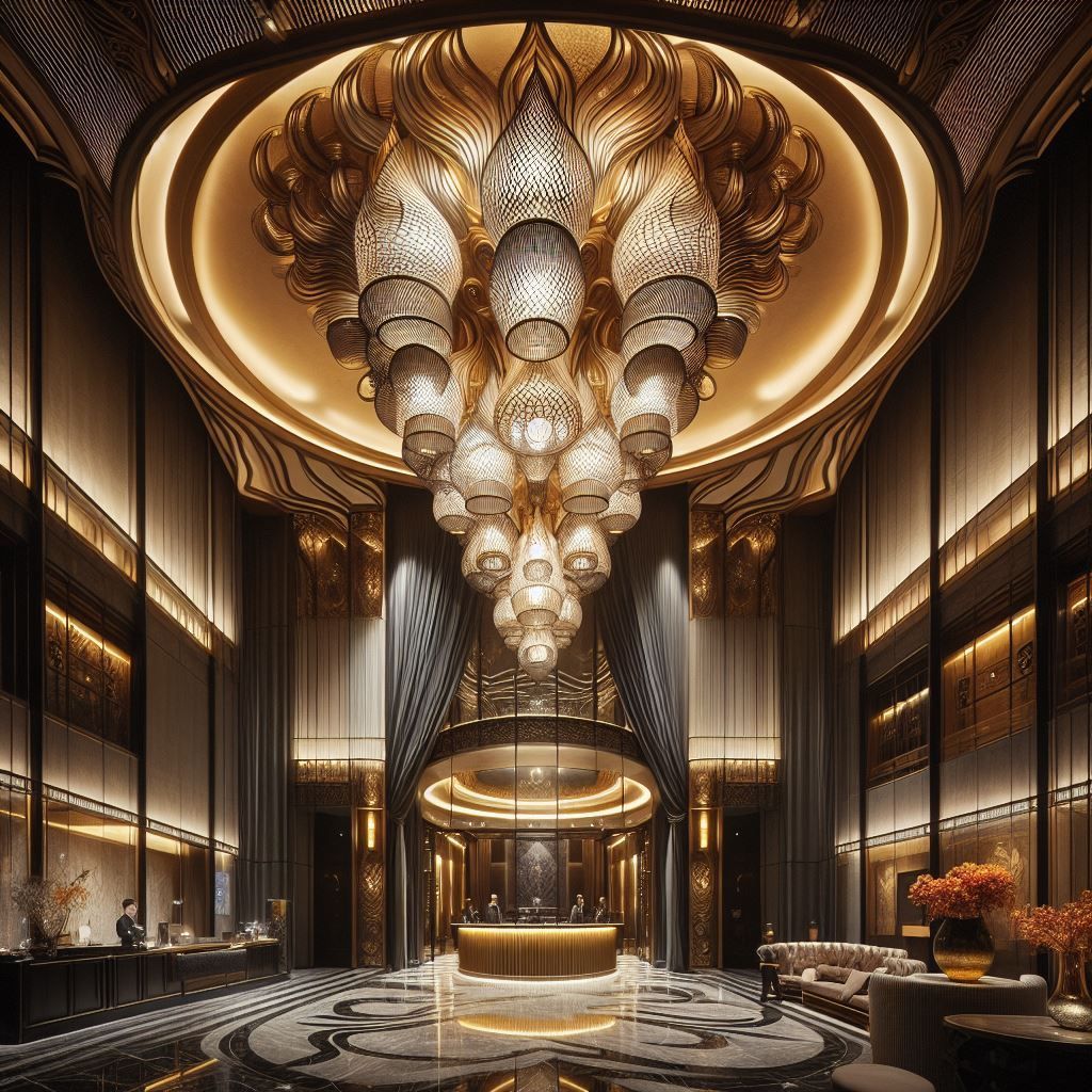 Reich verzierte Hotellobby mit einem riesigen Kronleuchter, einer Rezeption und Sitzbereichen.