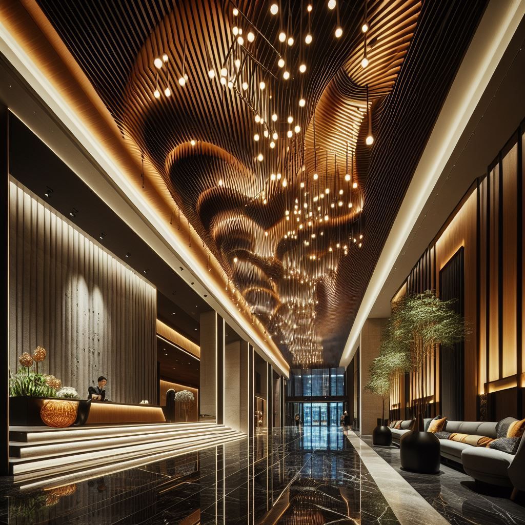 Elegante Hotellobby mit schwarzem, glänzendem Boden und gewellter Holzdecke mit Hängelampen.