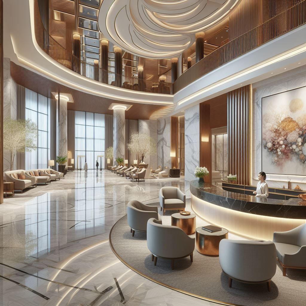 Elegante Hotellobby mit geschwungener Architektur, Marmorböden und Rezeptionstresen.