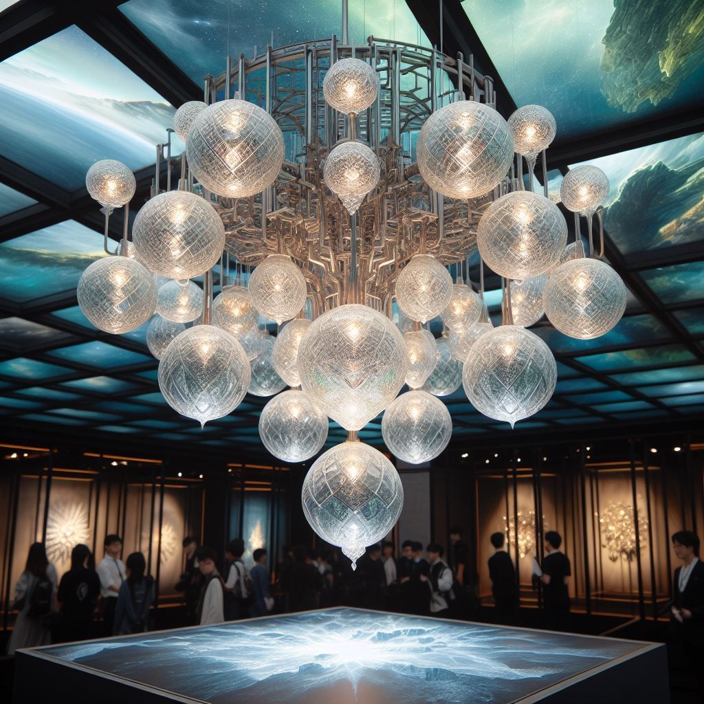 Ein großer, kugelförmiger Kronleuchter in einer Galerieumgebung mit Menschen und einem Kartentisch.