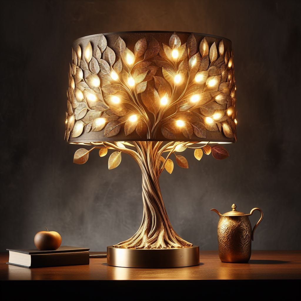 Goldene baumförmige Lampe mit blattartigem Lampenschirm, die einen dunklen Raum erhellt. Daneben ein Apfel, Bücher und eine Teekanne.