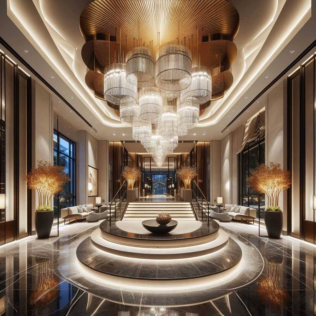 Elegante Hotellobby mit großem Kronleuchter, Treppe und Marmorböden.
