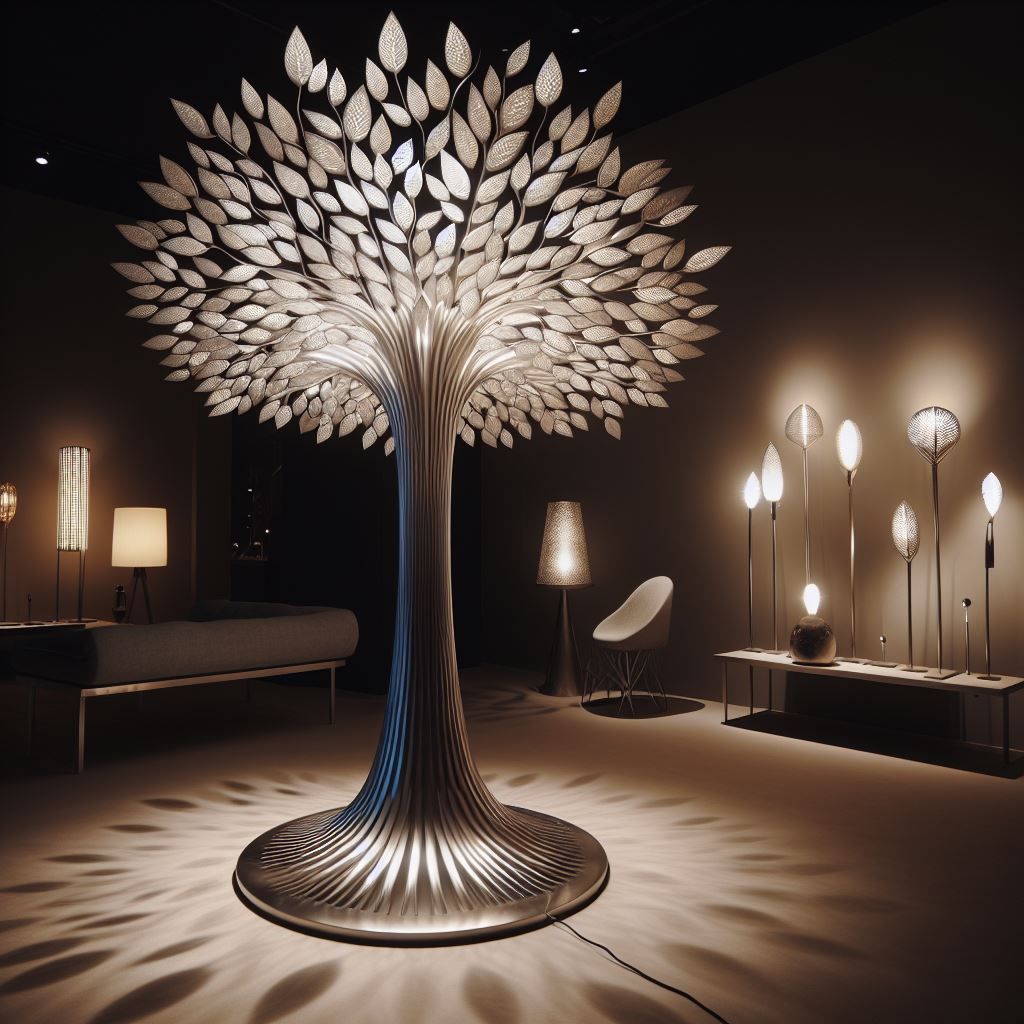 Ein modernes Kunstwerk in Form eines Baums, der mit Blättern beleuchtet ist und in einer Kunstgalerie einen sanften Schatten wirft.