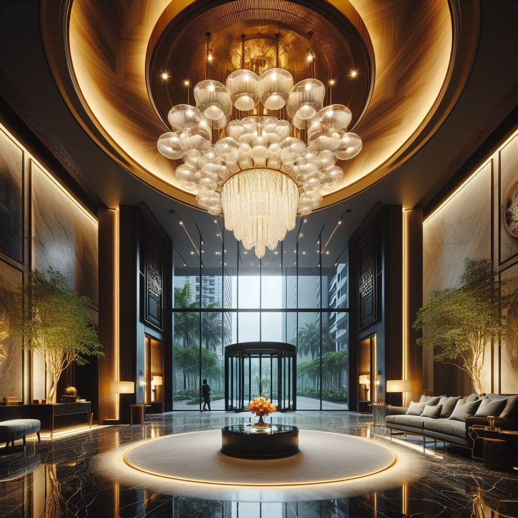 Luxuriöse Hotellobby mit großem Kronleuchter, reflektierenden Böden und Drehtür am Eingang.