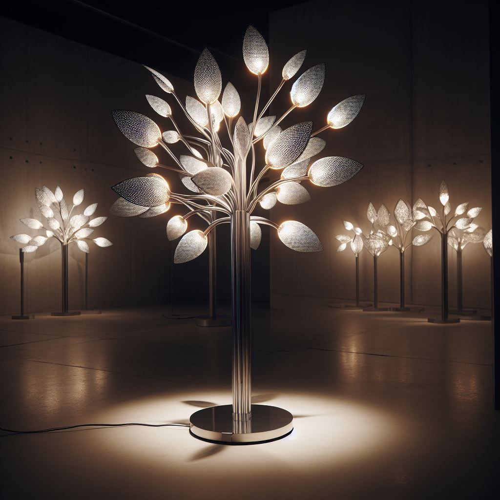 Leuchtende baumförmige Kristalllampen erhellen einen dunklen Raum. Weitere ähnliche Lampen stehen im Hintergrund.