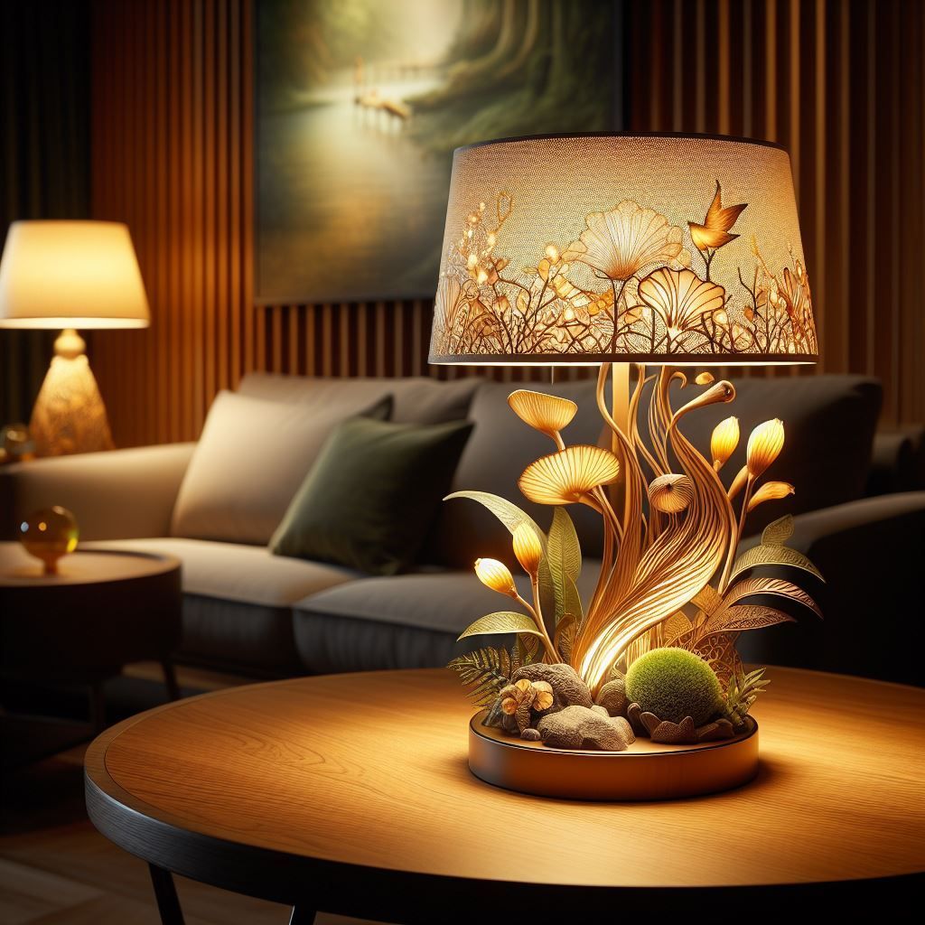Tischlampe mit Sockel im Naturdesign, die ein warmes Wohnzimmer mit Sofa und Gemälde beleuchtet.