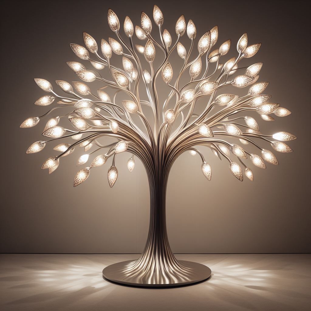 Eine dekorative Lampe in Form eines Baumes mit leuchtenden, blattförmigen Lichtern, die Schatten auf einen neutralen Hintergrund werfen.