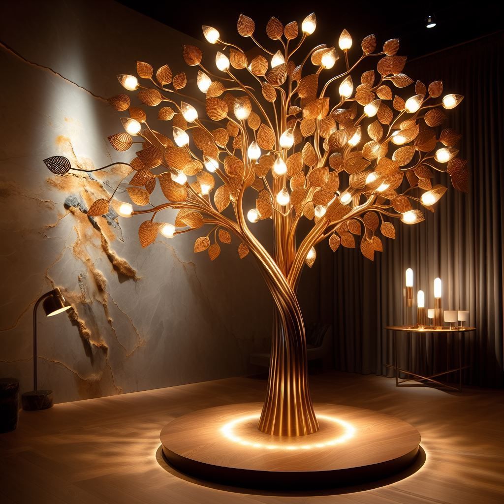 Eine goldene, baumförmige Lampe erhellt einen Raum; die Blätter sind Glühbirnen, die auf einem runden Sockel sitzen.