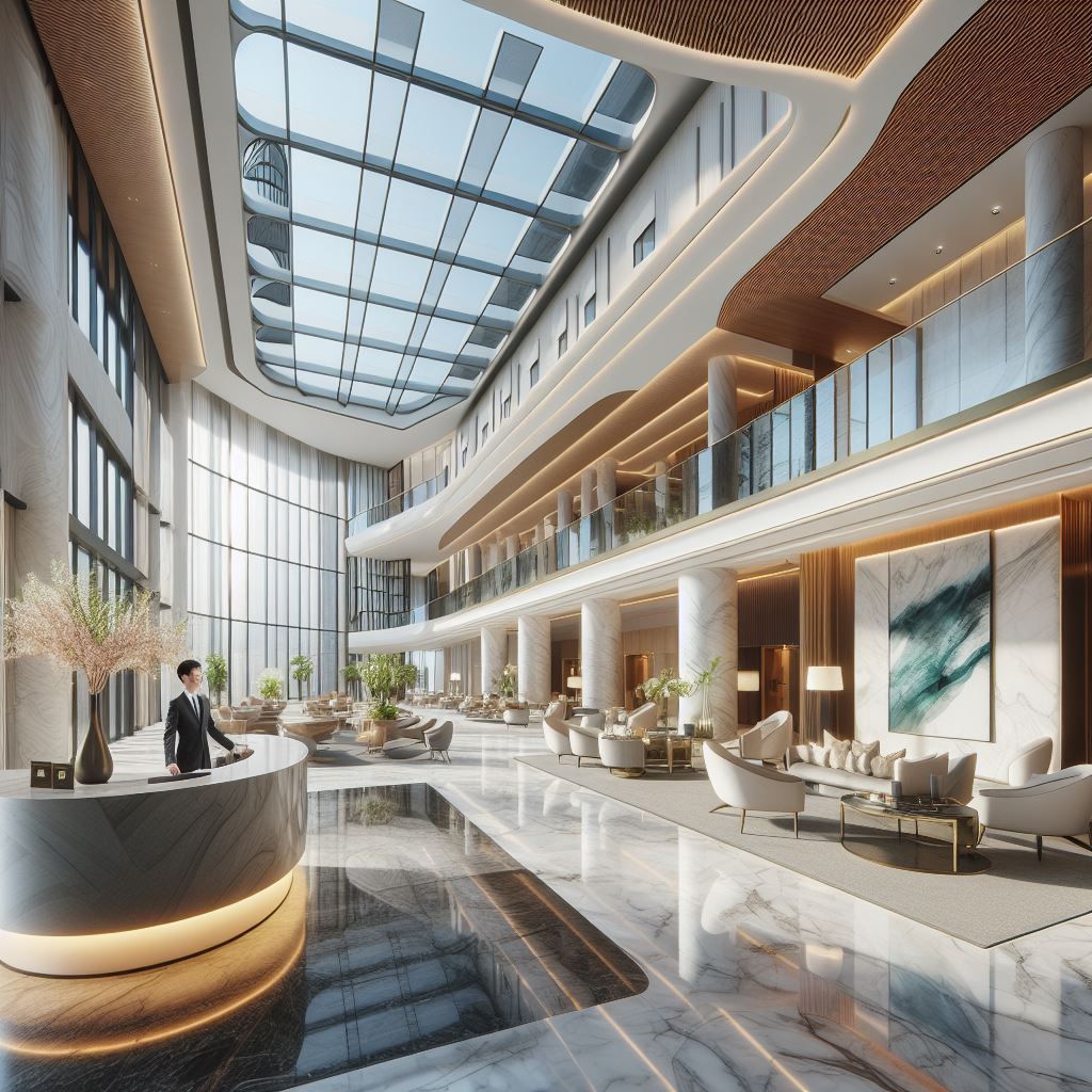 Luxuriöse Hotellobby mit Rezeption, Sitzbereichen und Glasdecke.
