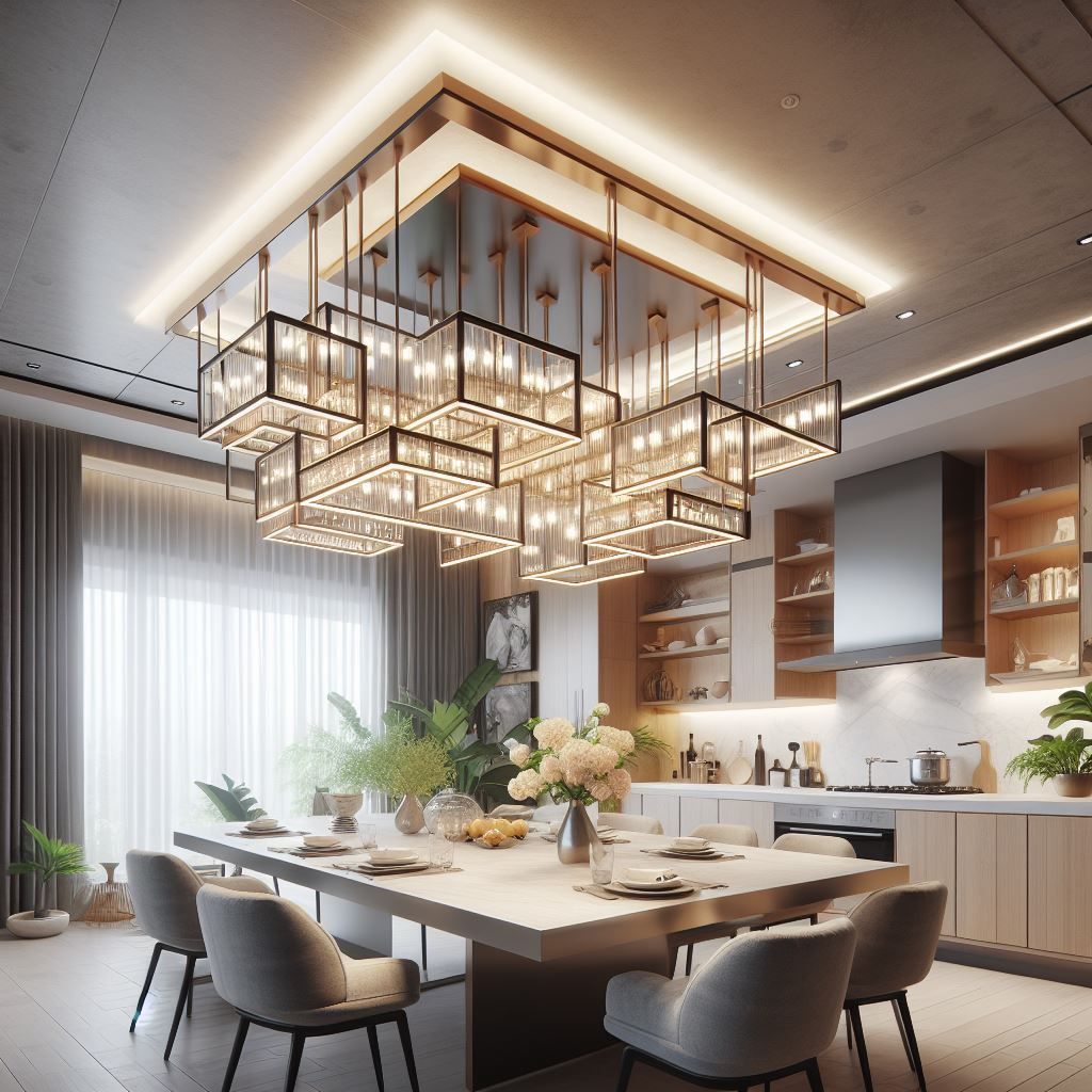 Modernes Esszimmer mit großem Kronleuchter über einem für eine Mahlzeit gedeckten Tisch.