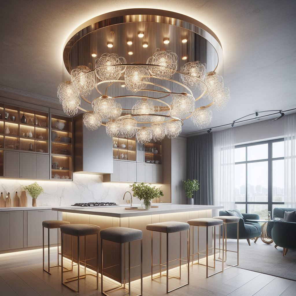 Moderne Küche mit Kochinsel, Kronleuchter, Barhockern. Weiße Schränke, Marmorarbeitsplatte.