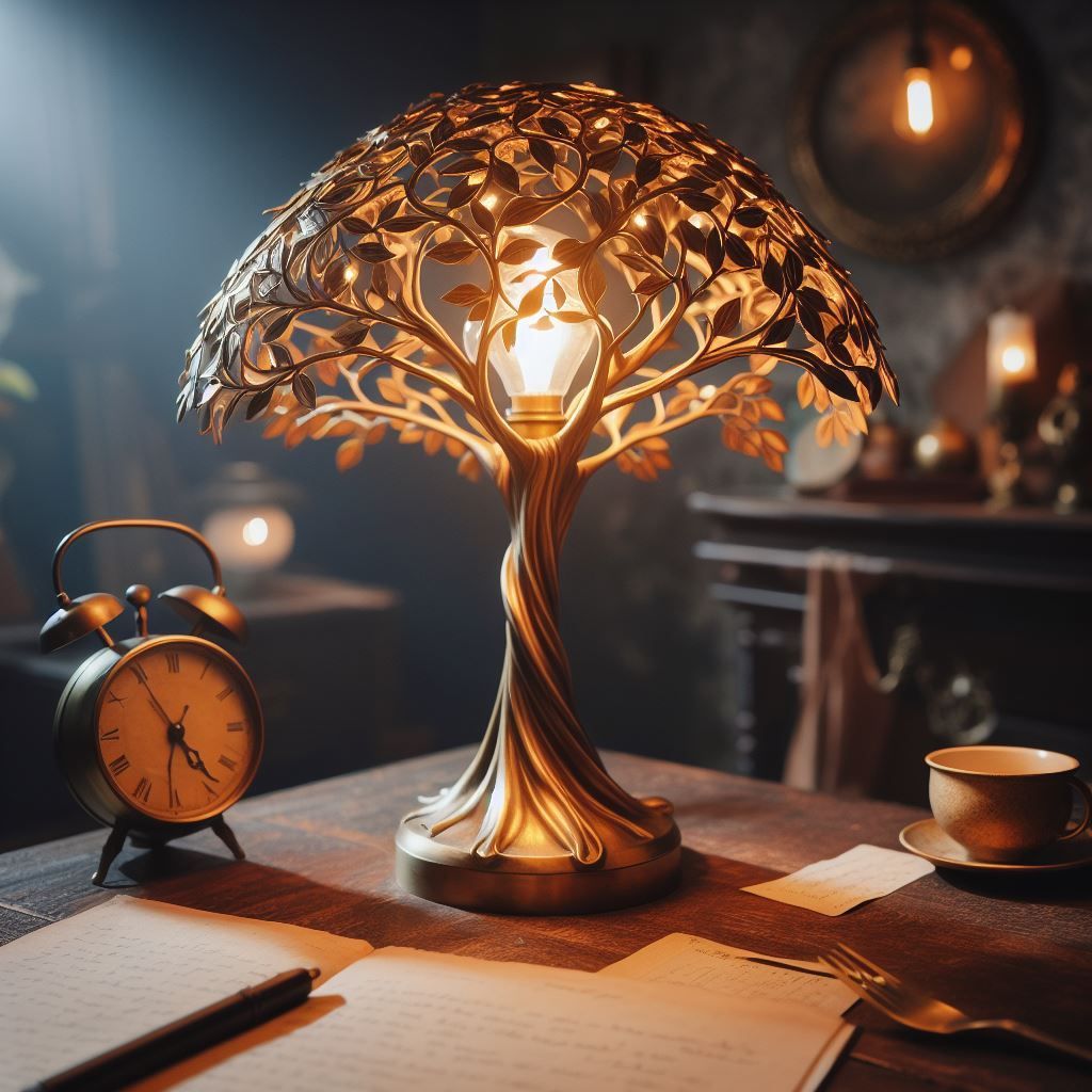 Baumförmige Schreibtischlampe auf einem Tisch mit Uhr, Papieren und Tasse in einem schwach beleuchteten Raum.