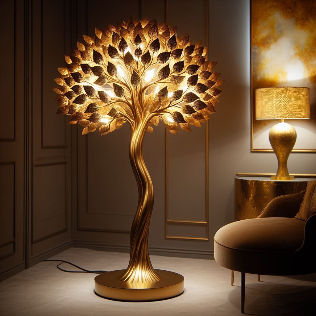 Eine goldene Stehlampe in Baumform erhellt einen Raum. Daneben stehen eine Tischlampe und ein Stuhl, und der Raum ist mit goldenen Akzenten dekoriert.