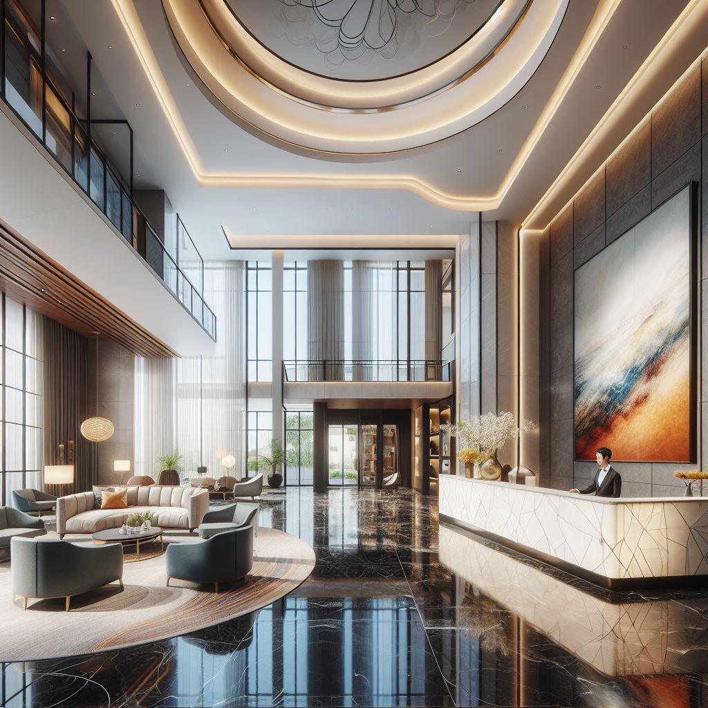 Elegante Hotellobby mit Marmorböden, Rezeption und Sitzbereich; große Fenster und Kunstwerke.