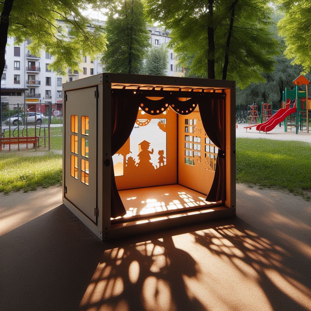 Schattenpuppentheater-Box in einem Park mit Figurensilhouetten und offenen Vorhängen.