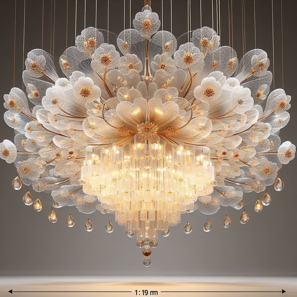 Von der Decke hängt ein kunstvoller Kristallkronleuchter mit goldenen Akzenten, der an Blumen erinnert.