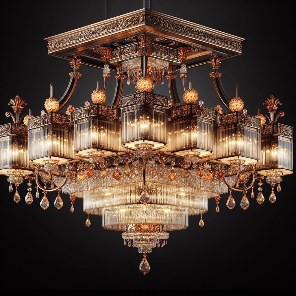 Verzierter, mehrstufiger Kronleuchter mit Kristall- und Golddetails, der in einem dunklen Raum hängt.