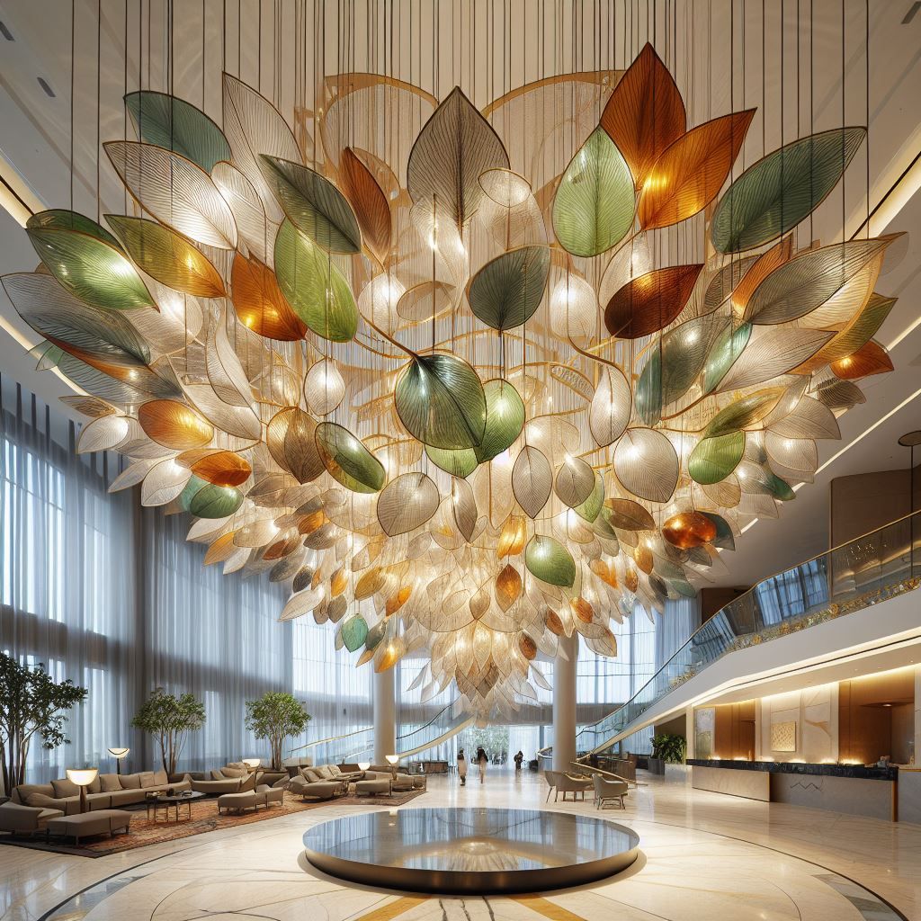 Luxuriöse Hotellobby mit einem großen blattförmigen Kronleuchter; neutrale Farben; große Fenster, Pflanzen.