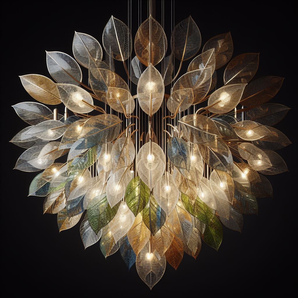Verzierter Kronleuchter in Blattform mit goldenen, grünen und silbernen Blättern, der vor einem schwarzen Hintergrund sanftes Licht ausstrahlt.