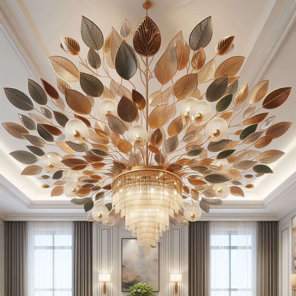 Eleganter Kronleuchter mit geschichteten Blättern in Gold, Braun und Grau über einem Raum mit Fenstern und Kunstwerken.