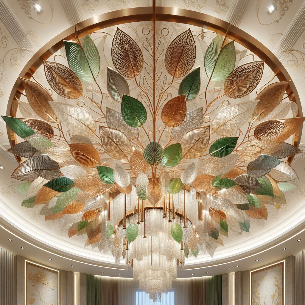 Verzierter, blattförmiger Kronleuchter, der von der Decke eines Raumes hängt und aus grünem, goldenem und klarem Glas besteht.