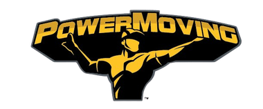 A black and yellow logo for power moving with a man holding a baseball bat.