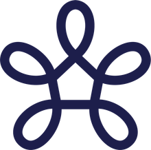 A blue line drawing of a flower on a white background.