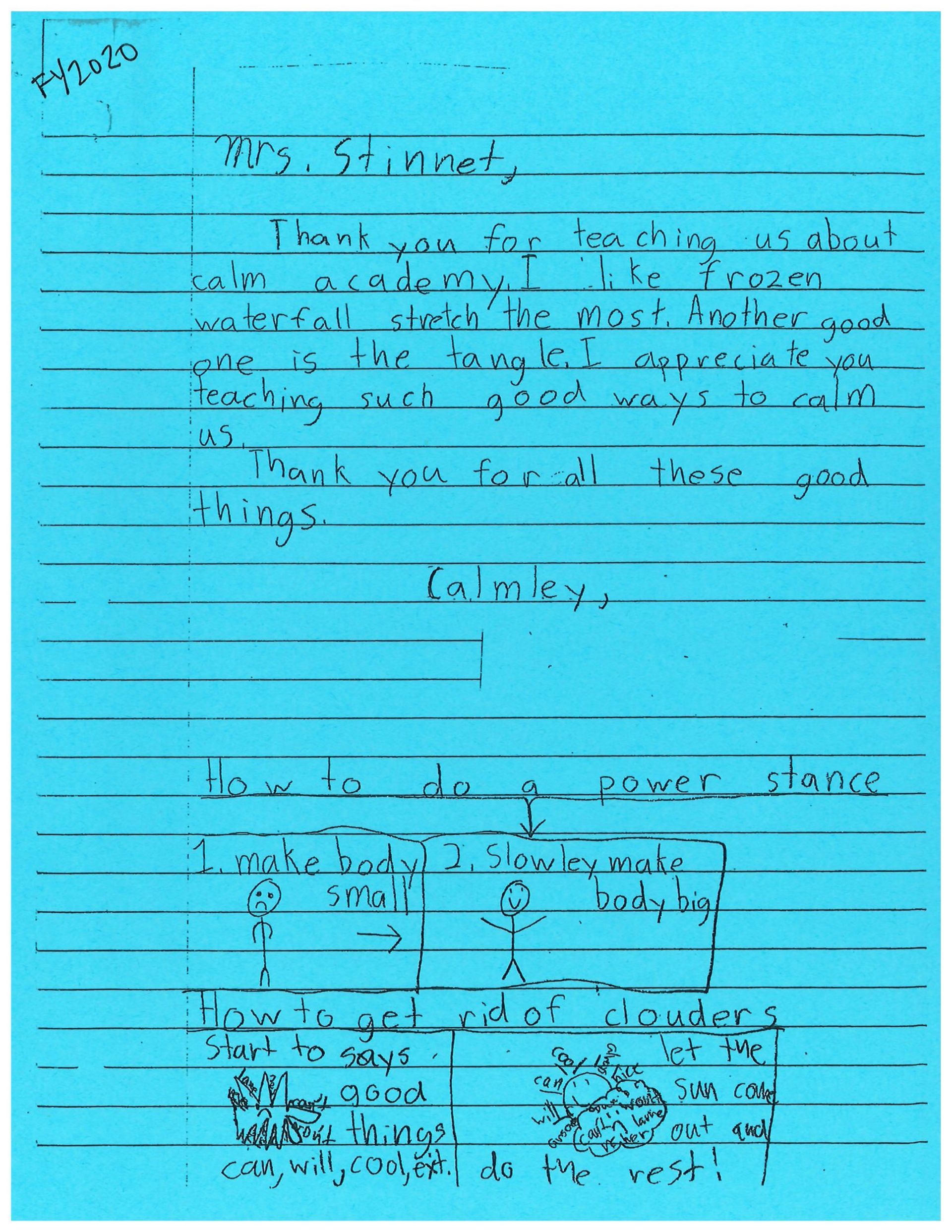 A blue piece of paper with a lot of writing on it