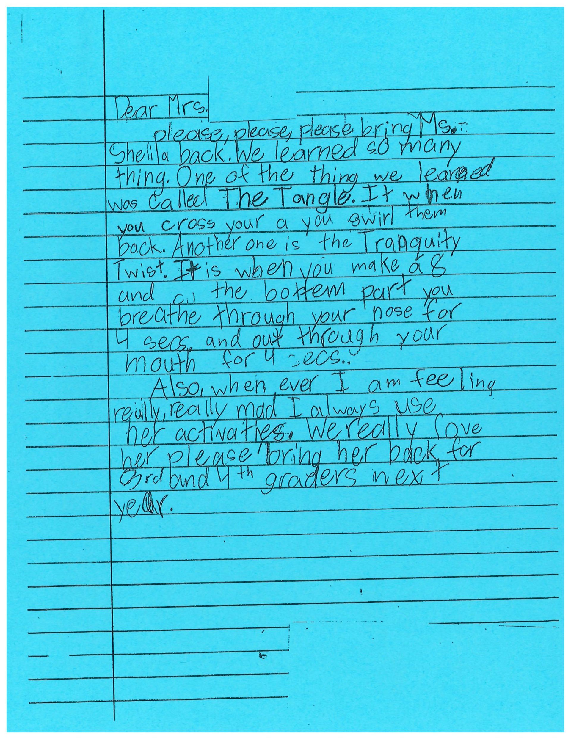 A blue piece of paper with a lot of writing on it