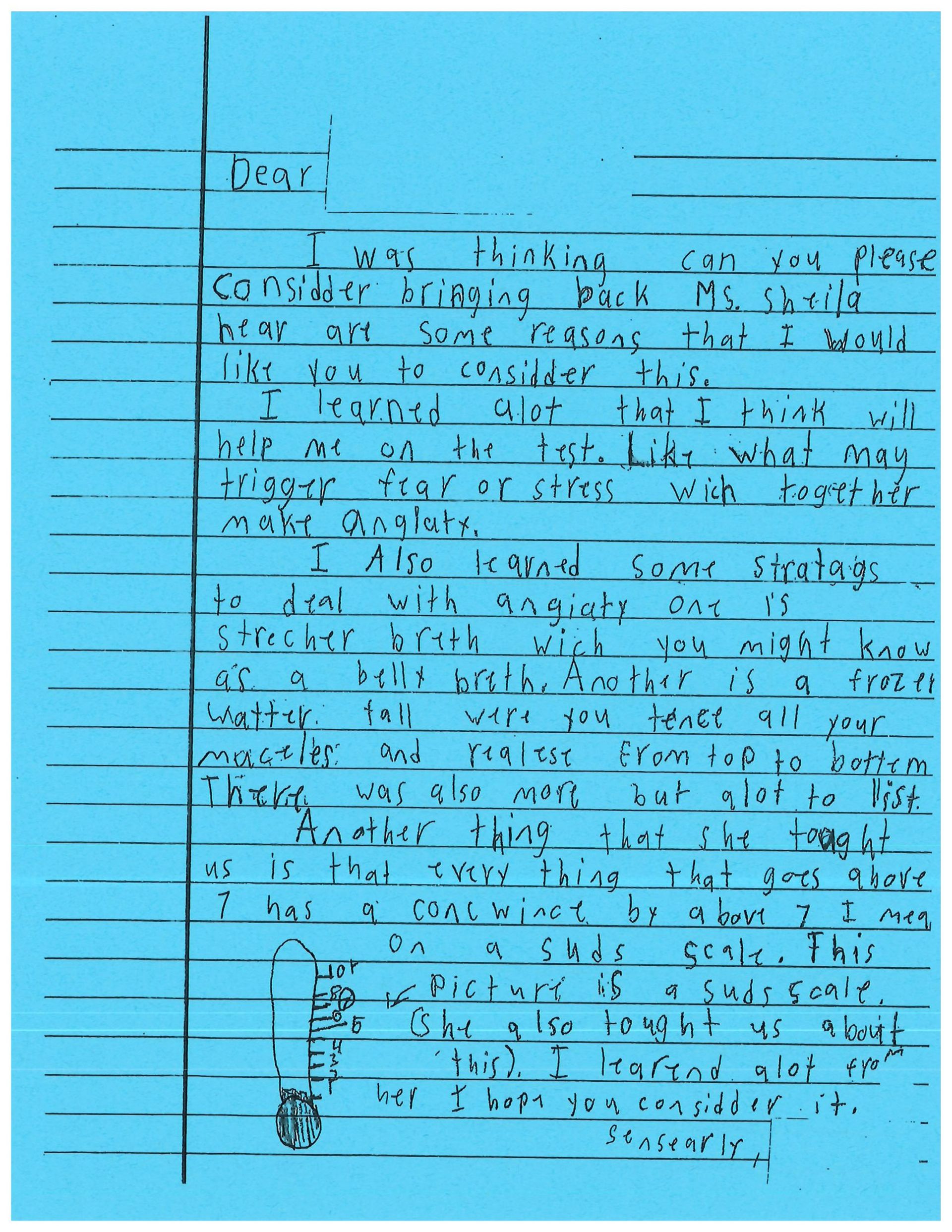 A blue piece of paper with a lot of writing on it