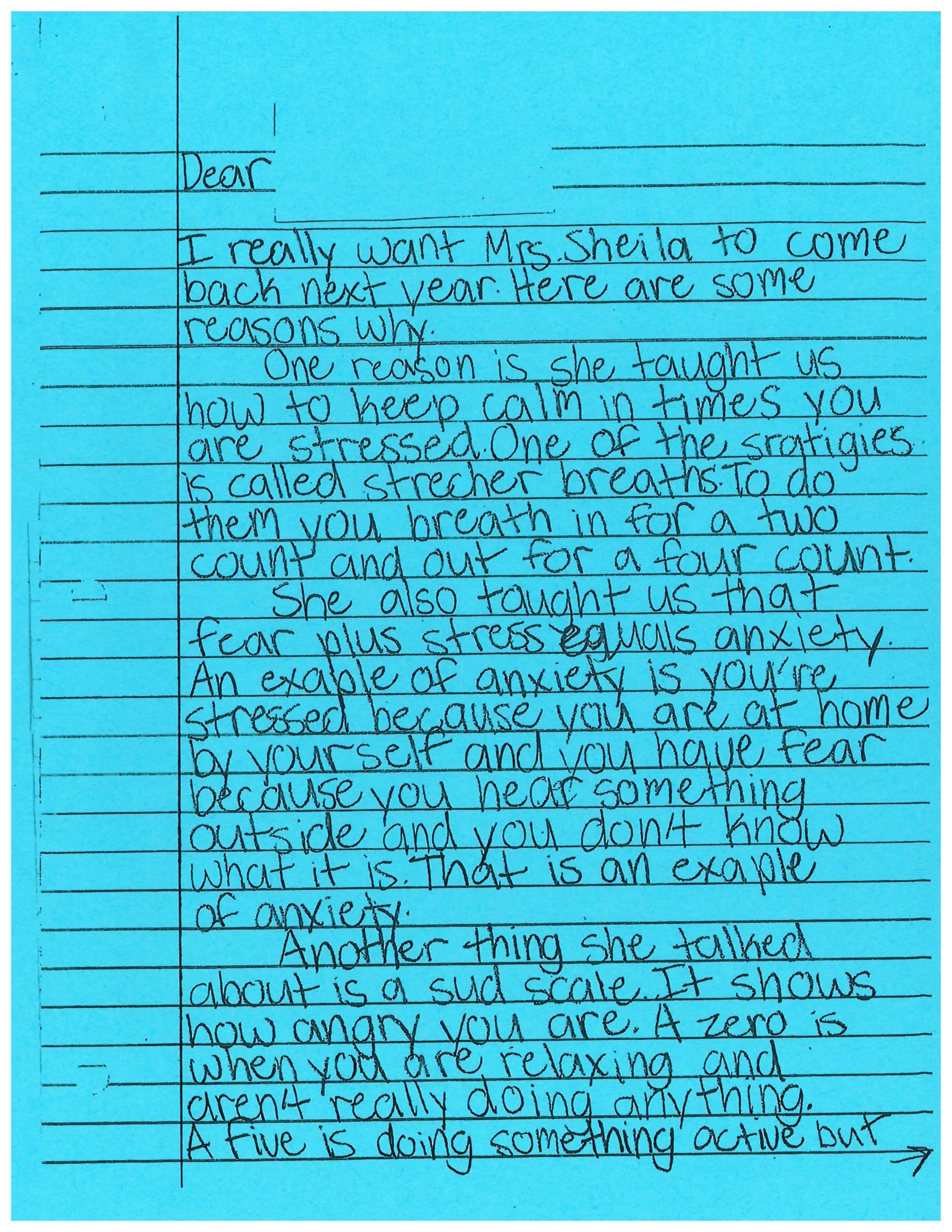 A blue piece of paper with a lot of writing on it