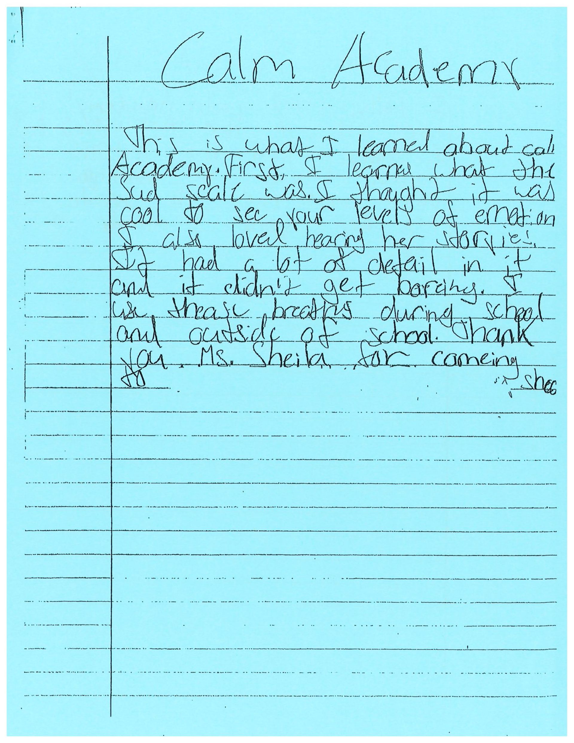 A piece of paper that says calm academy on it