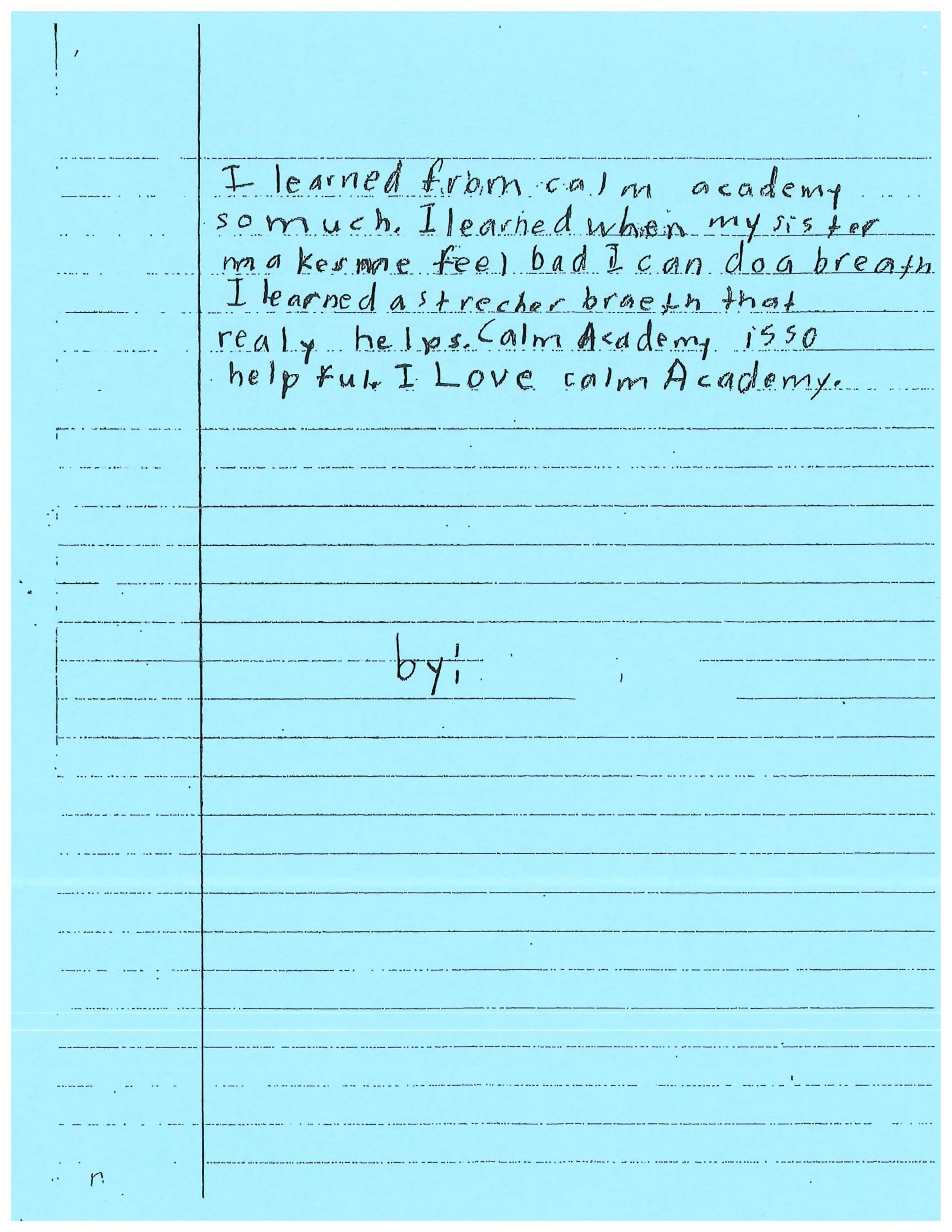 A blue piece of paper with black lines and the word byl