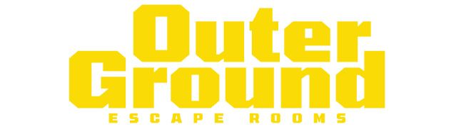 Het logo voor outer ground escape rooms is geel en wit.