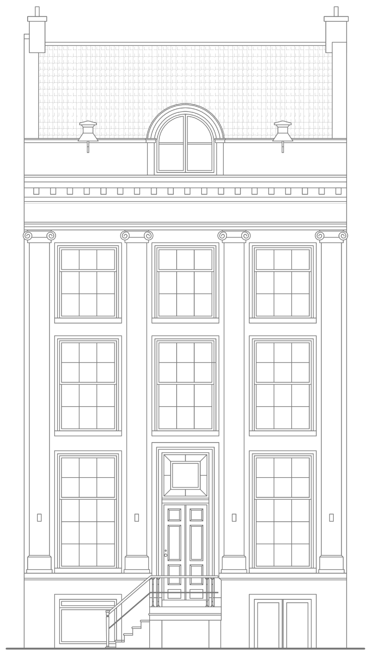 A black and white drawing of a building with a lot of windows.