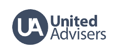 The logo for united advisers is a blue circle with the words `` united advisers '' written inside of it.