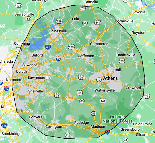 A map of athens georgia with a circle around it