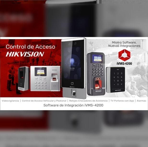 Anuncio de sistemas de control de acceso Hikvision, que incluyen varios dispositivos biométricos y el software IVMS-4200.